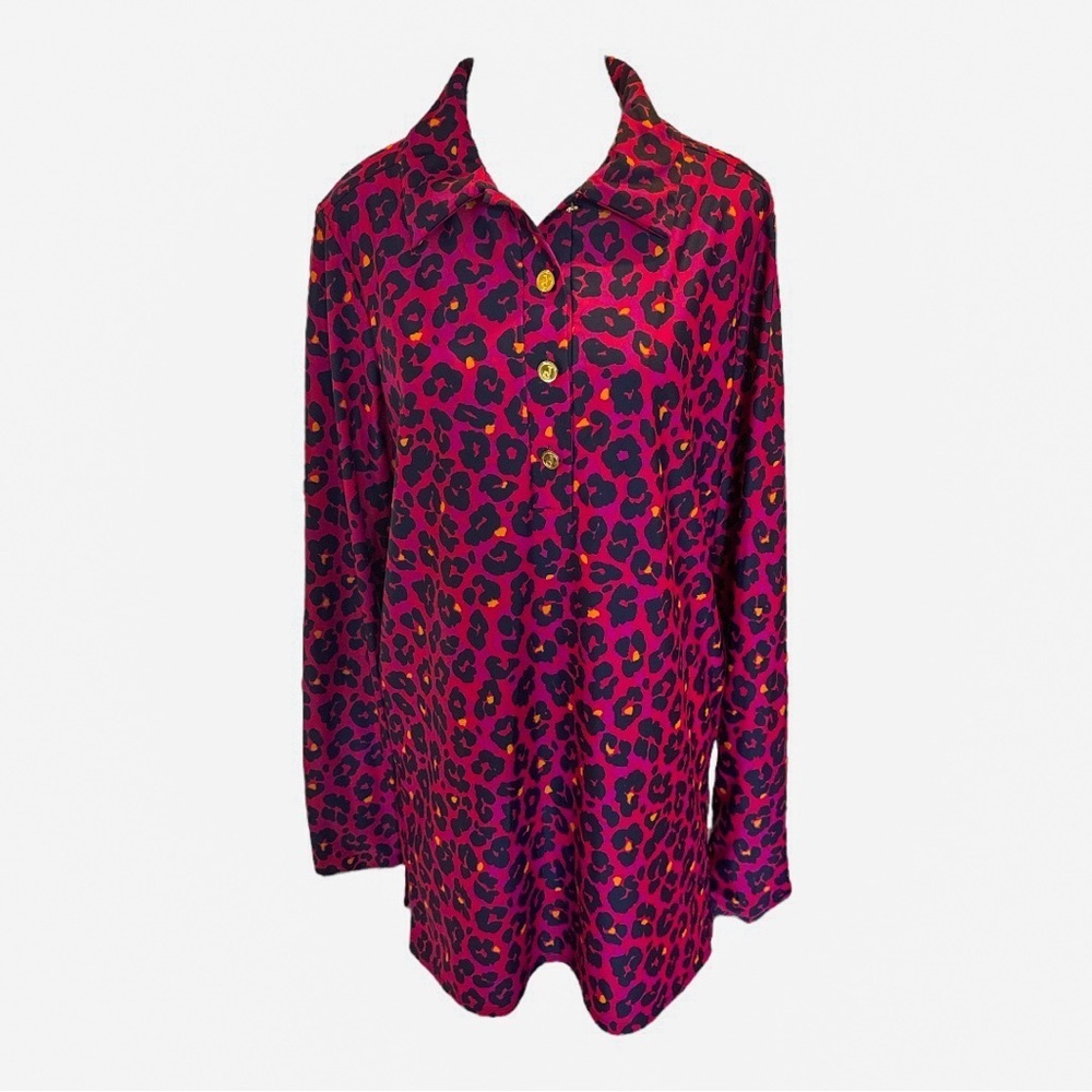 Jude Connally Vibrant Animal Print Tunic Top Sz XL Pink Navy Jude Cloth Leopard